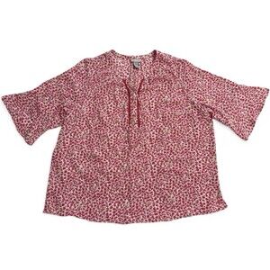 Catherines Size 2X Pink Floral Lace Up Flowy Blouse 3/4 Sleeve Plus